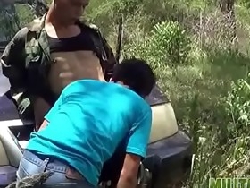 Cute boy gets army ass-to-mouth outdoors