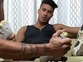 Handsome stud Ken Ott works on his dick while feet worshiped