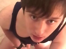 crossdressed twink giving bj takes hot load on his face